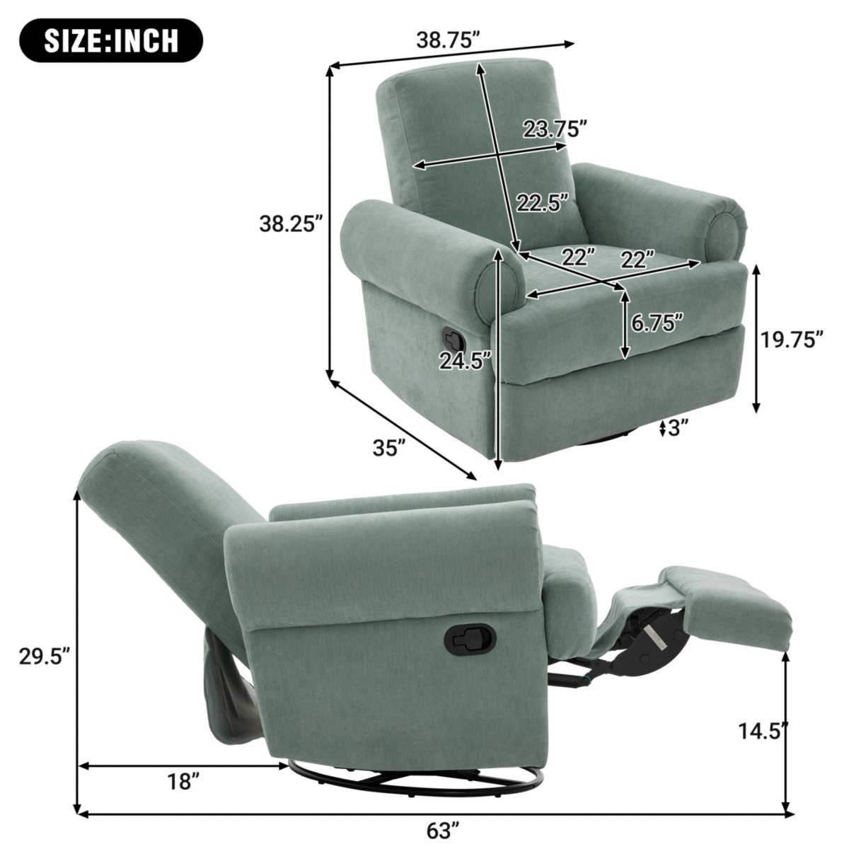 Streamdale Furniture Manual Recliner Sofa Swivel Rocker Chair with Adjustable Backrest, Sky Blue