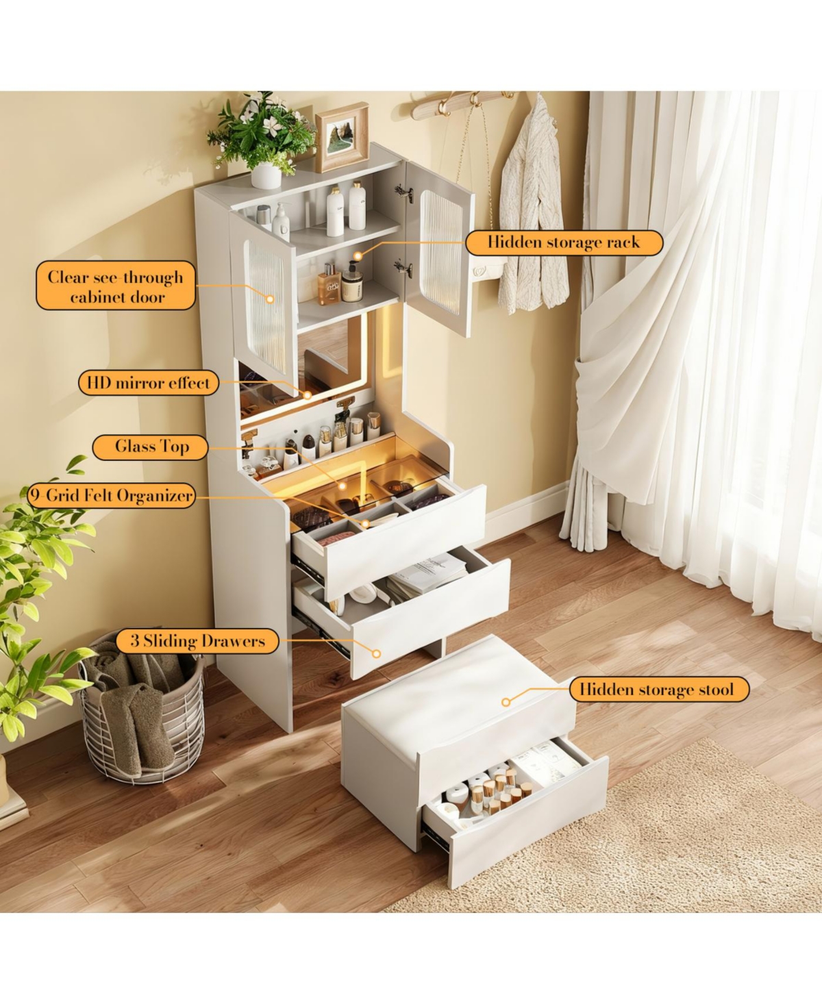 Streamdale Furniture 3-in-1 Vanity Table with Led Mirror and Storage Stool
