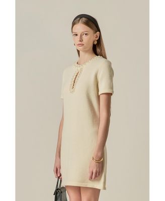 Women's Pearl & Rhinestone Key Hole Knit Mini Dress