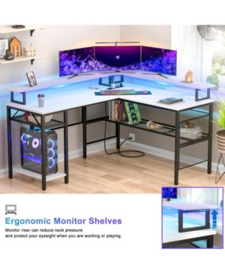 L Shaped Computer Desk with Power Outlets, 55 Inch Corner Desk with LED Lights, Monitor Stand and Shelves, Reversible