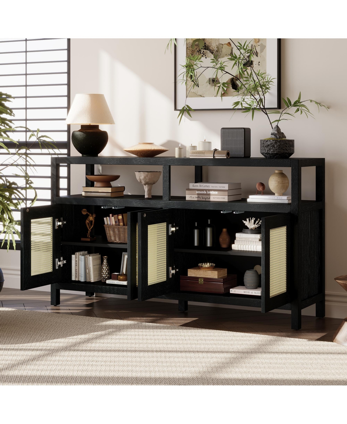 Casainc Trexm Bohemian Rattan Buffet Cabinet with Solid Wood Frame 3-Position Shelves and Push-to-Open Design