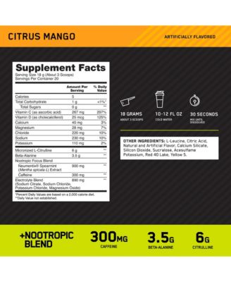 Pre-Workout Amped Powder, Citrus Mango, High Stim, Sugar-Free, Caffeine, 20 Servings