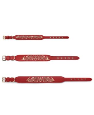 Western Style Full Grain Genuine Leather Embroidered Dog Collar with Pearl or Turquoise Studs