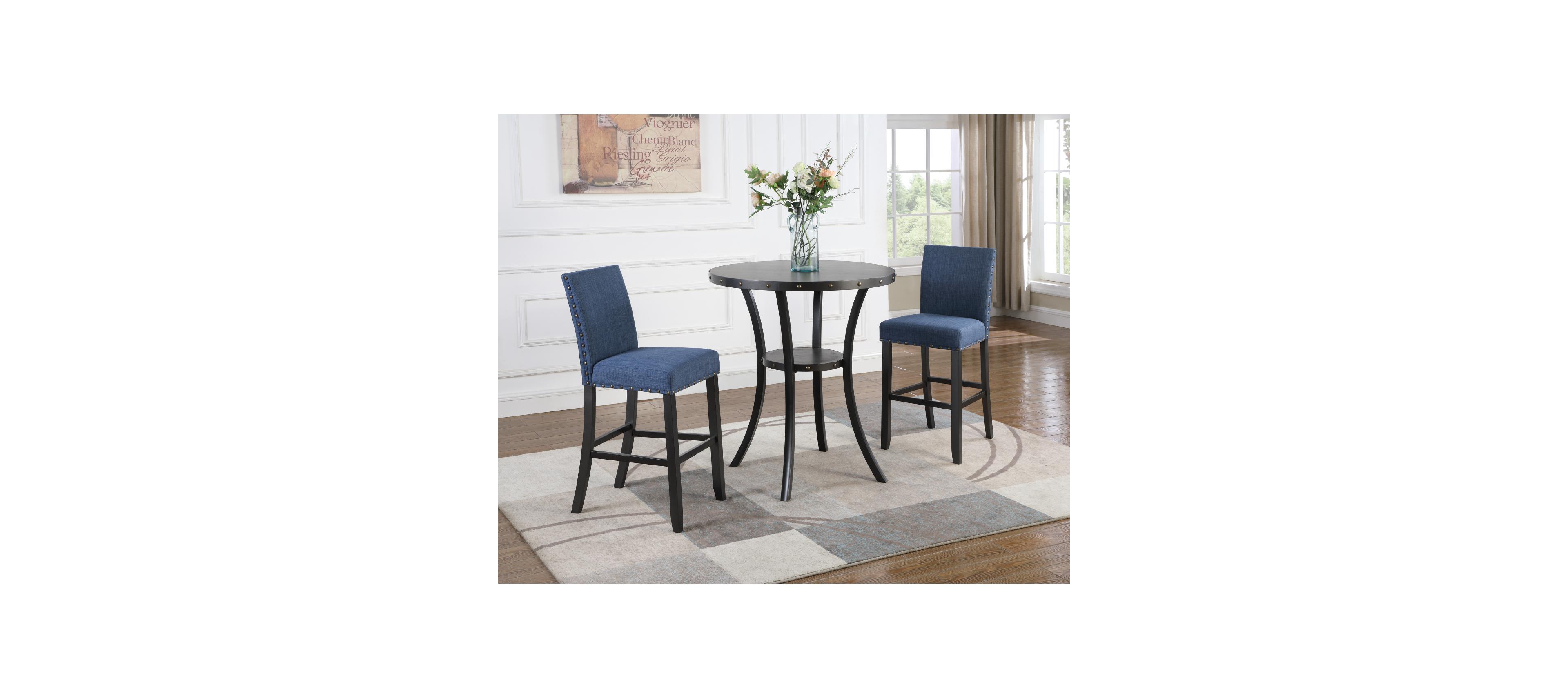 Streamdale Furniture 3-Piece 36" Round Espresso Bar Table w/ 2 Blue Nail Head Pub Chairs