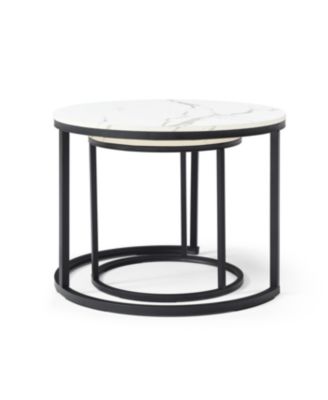  Set of 2 White/Gray Marble Pattern Nesting Coffee Tables with Black Frame