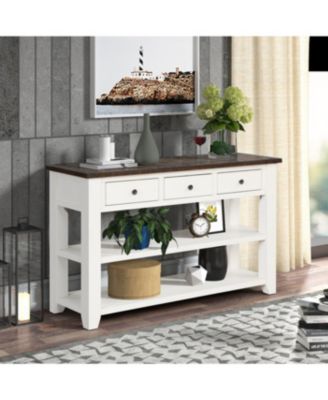 48" Solid Pine Wood Top Console Table with 3 Drawers & 2 Shelves (Antique White/Brown)