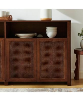 63" Mid Century Modern Rattan Sideboard Buffet Cabinet with Storage, Retro Coffee Bar Credenza