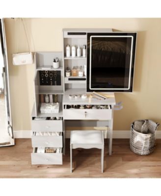  Vanity Desk Set with Lighted Mirror, 4 Drawers, 9 Storage Spaces & Stool, White