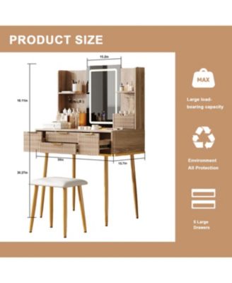 Streamdale 4-Drawer Vanity Desk with LED Mirror & Carved Details, Makeup Table with Stool