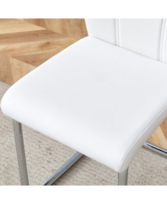  Luxury Modern 63" Dining Table Set w/ 4 Upholstered Chairs, White Glass Top, Steel Base