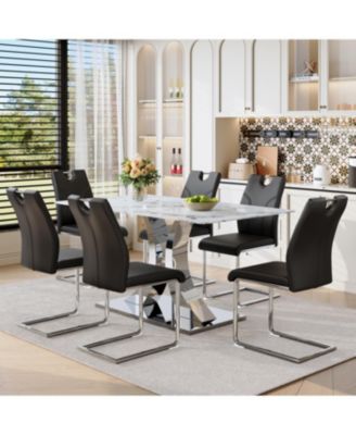 Switchable Mode Stainless Steel Legs Dining Set: White Glass Top & 6 Black Armchairs