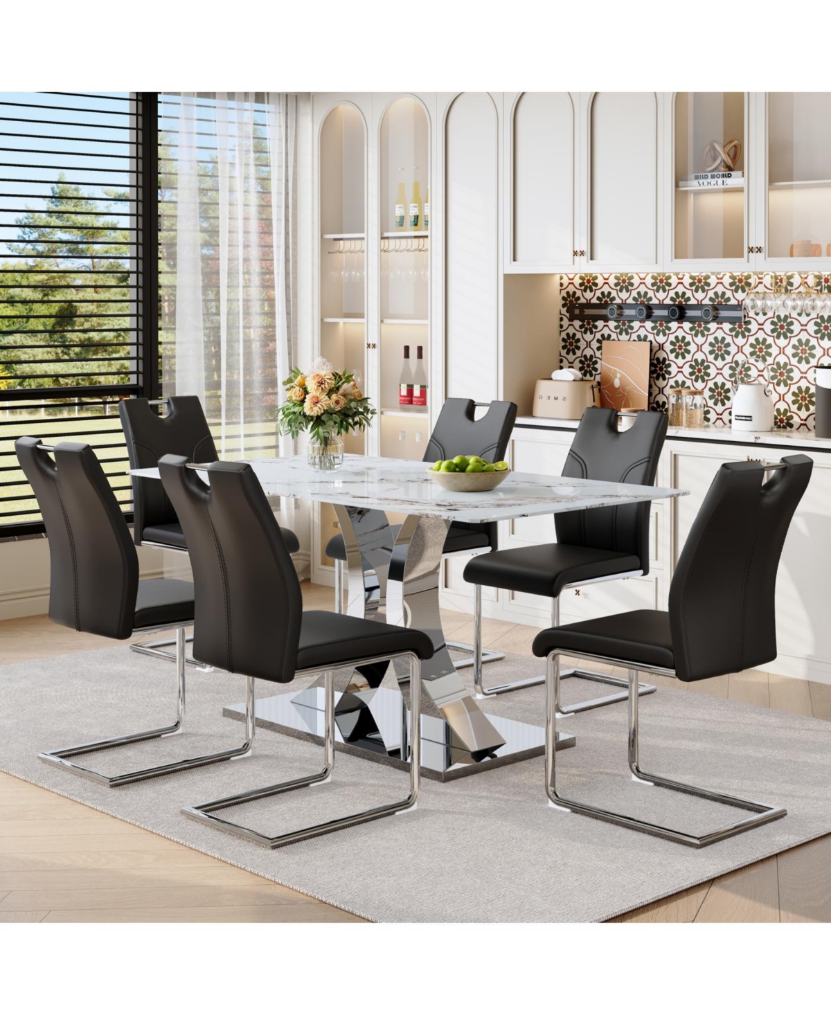 Streamdale Furniture Switchable Mode Stainless Steel Legs Dining Set: White Glass Top & 6 Black Armchairs