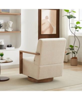 Modern Upholstered Swivel Accent Chair with Solid Wood Armrests - Beige