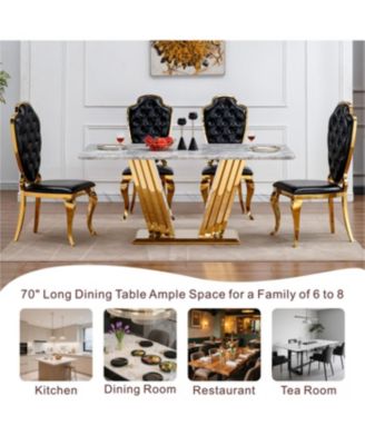 Marble Dining Table for 6, 70" Rectangle Faux Marble w/Mirrored Stainless Steel Base (Gold, Grey)