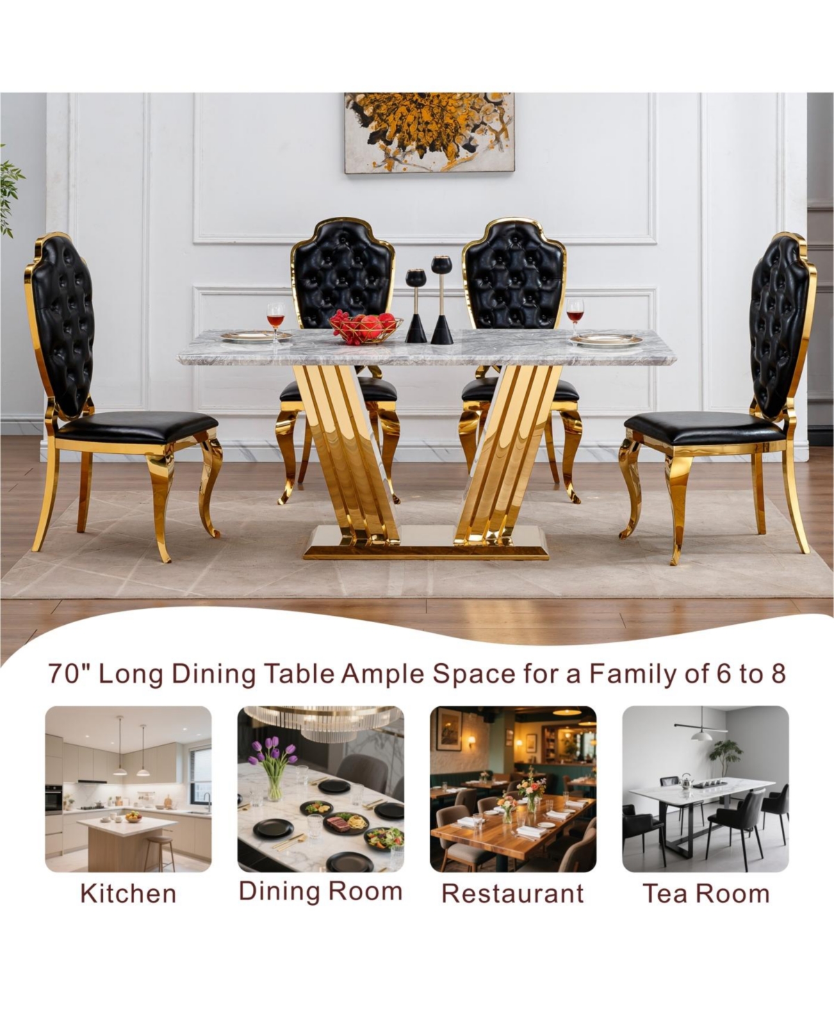 Streamdale Furniture Marble Dining Table for 6, 70" Rectangle Faux Marble w/Mirrored Stainless Steel Base (Gold, Grey)