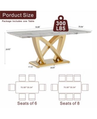  Marble Dining Table for 6, 70" Faux Marble Rectangle Table with Mirrored Stainless Steel Base (Gold, White)