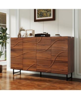 Modern Art Solid Wood Sideboard, 59"W, Wave Relief, Walnut Texture, Iron Legs