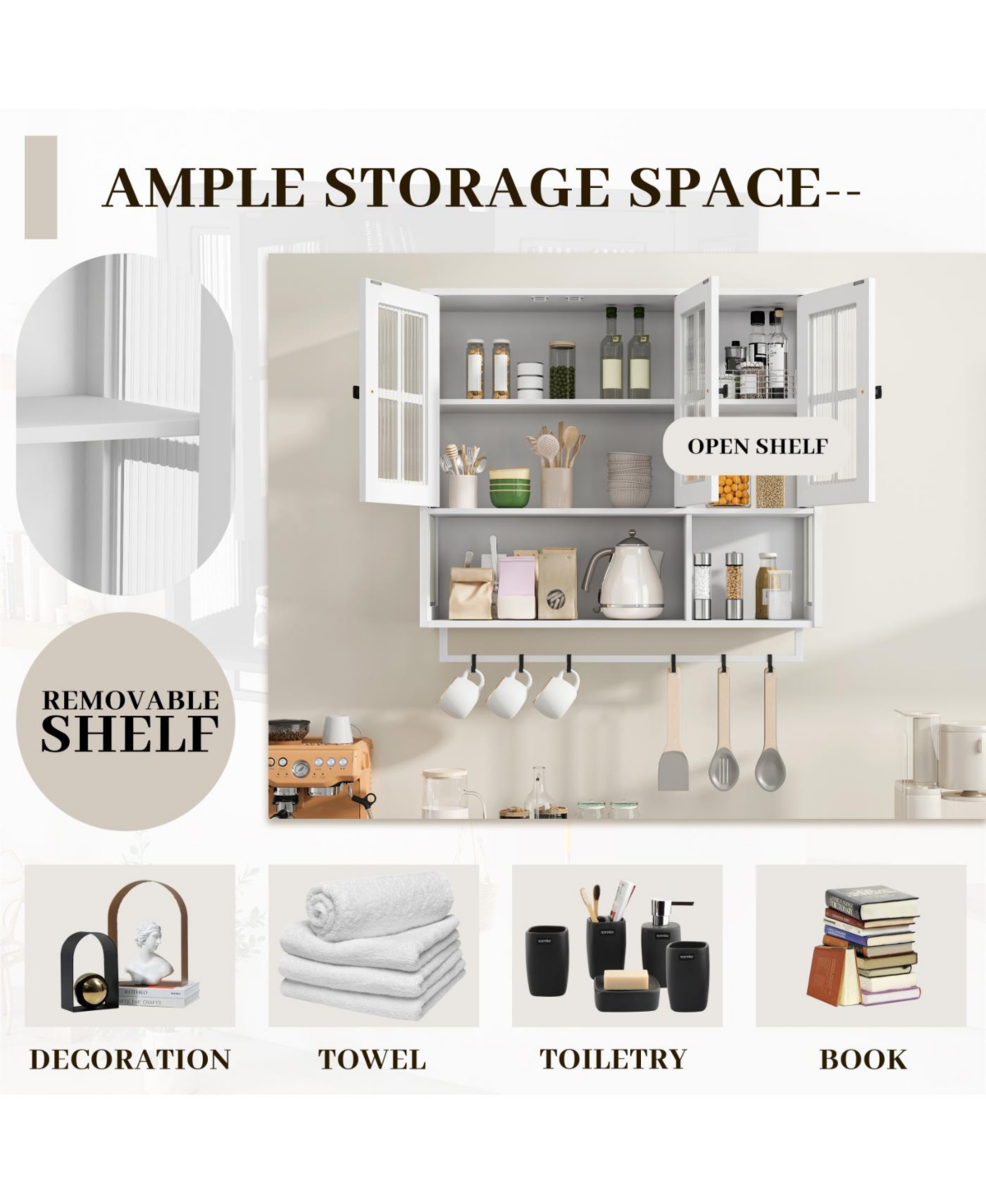 Streamdale Furniture Bathroom Wall Cabinet, 3-Door Wooden Cabinet with Open/Hidden Storage, White