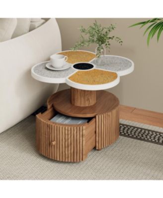  Unique Four-Leaf Clover Side Table with Wood-Grain Base & Storage