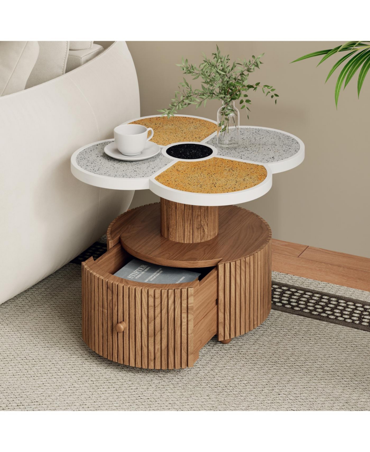 Streamdale Furniture Unique Four-Leaf Clover Side Table with Wood-Grain Base & Storage