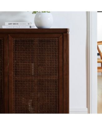 Mid Century Modern Rattan Sideboard Buffet Cabinet with 2 Outlets, Walnut