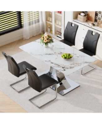  Switchable Mode Stainless Steel Legs Dining Set: White Glass Top & 4 Armchairs