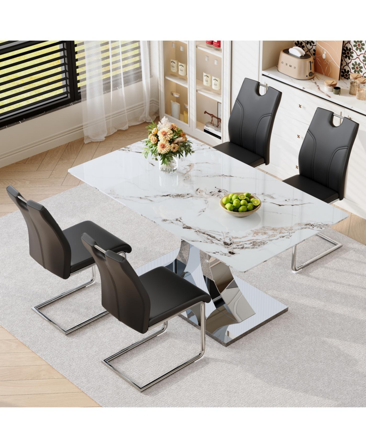 Streamdale Furniture Switchable Mode Stainless Steel Legs Dining Set: White Glass Top & 4 Armchairs