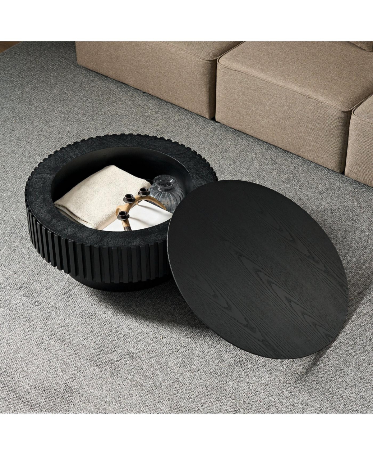 Streamdale Furniture Streamdale 31.49" Nesting Round Wood Coffee Table with Storage - Black