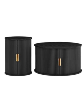 Streamdale Wooden TV Stand & Coffee Table Set with Fluted Doors, Golden Handles, Black