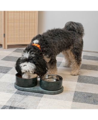 Marbre Small/Medium Modern Weighted Double Marble and Stainless Steel Bowl 12oz (1.5 Cups) Feeder with Non-Slip Marble Tray Set