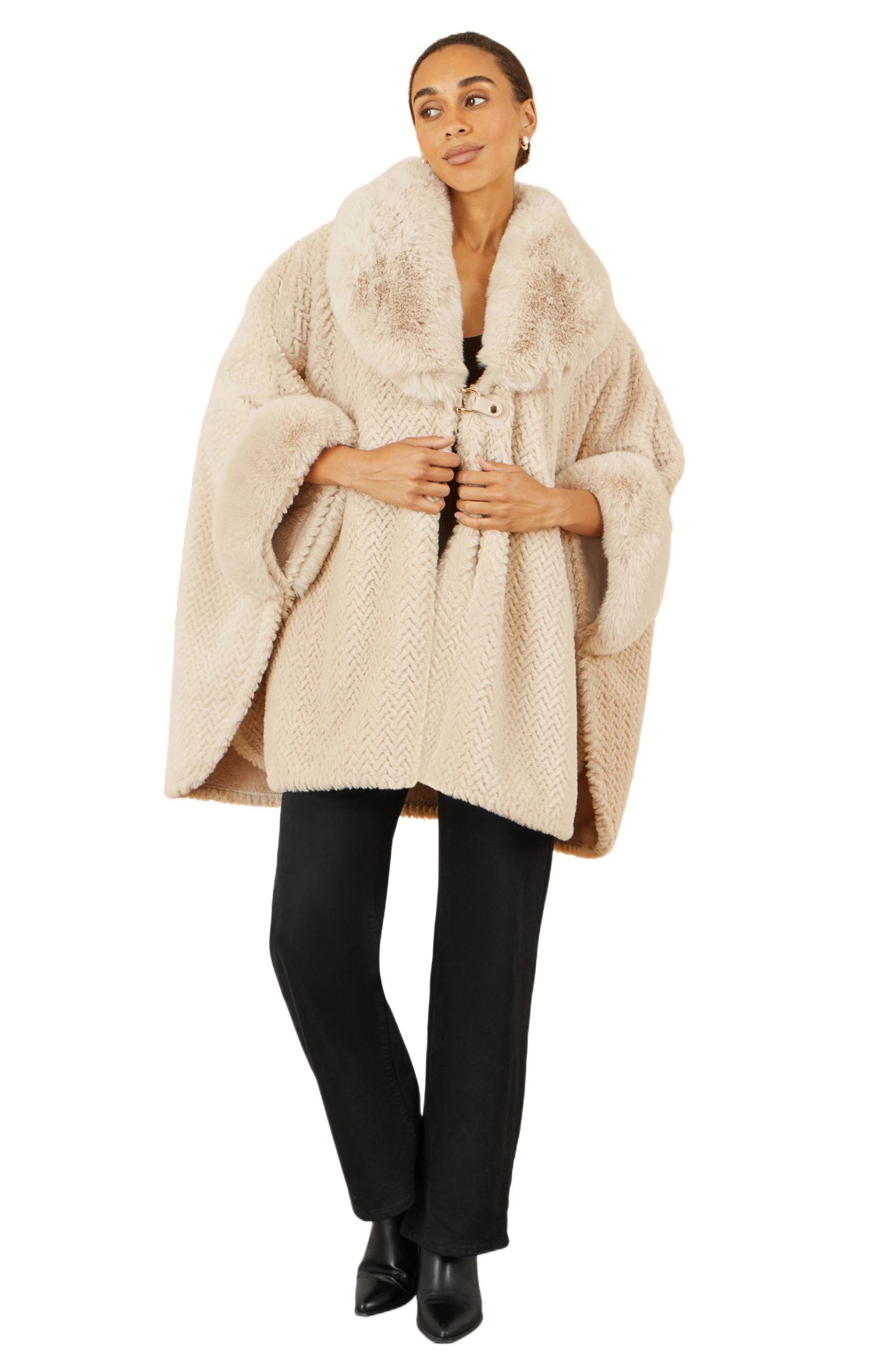 Женская накидка Yumi Textured Faux Fur Lined Cape, цвет: Бежевый — фото 2