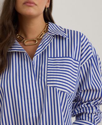 Plus Size Striped Long-Sleeve Broadcloth Cropped Shirt