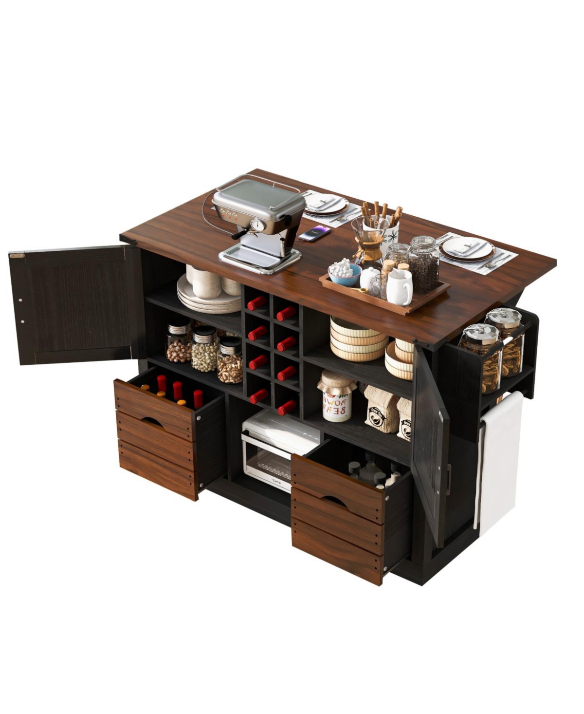 Streamdale Furniture Farmhouse Kitchen Island with Drop Leaf and Power Outlet