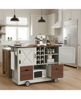 Farmhouse Kitchen Island with Drop Leaf and Power Outlet