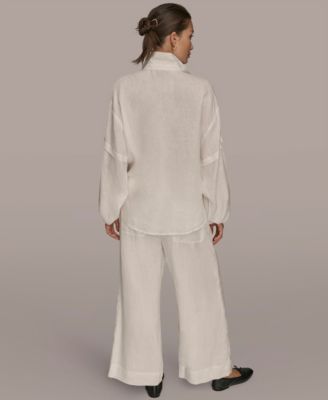 Women's Linen Long Blouson Sleeve Button Adjustable Tie Shirt