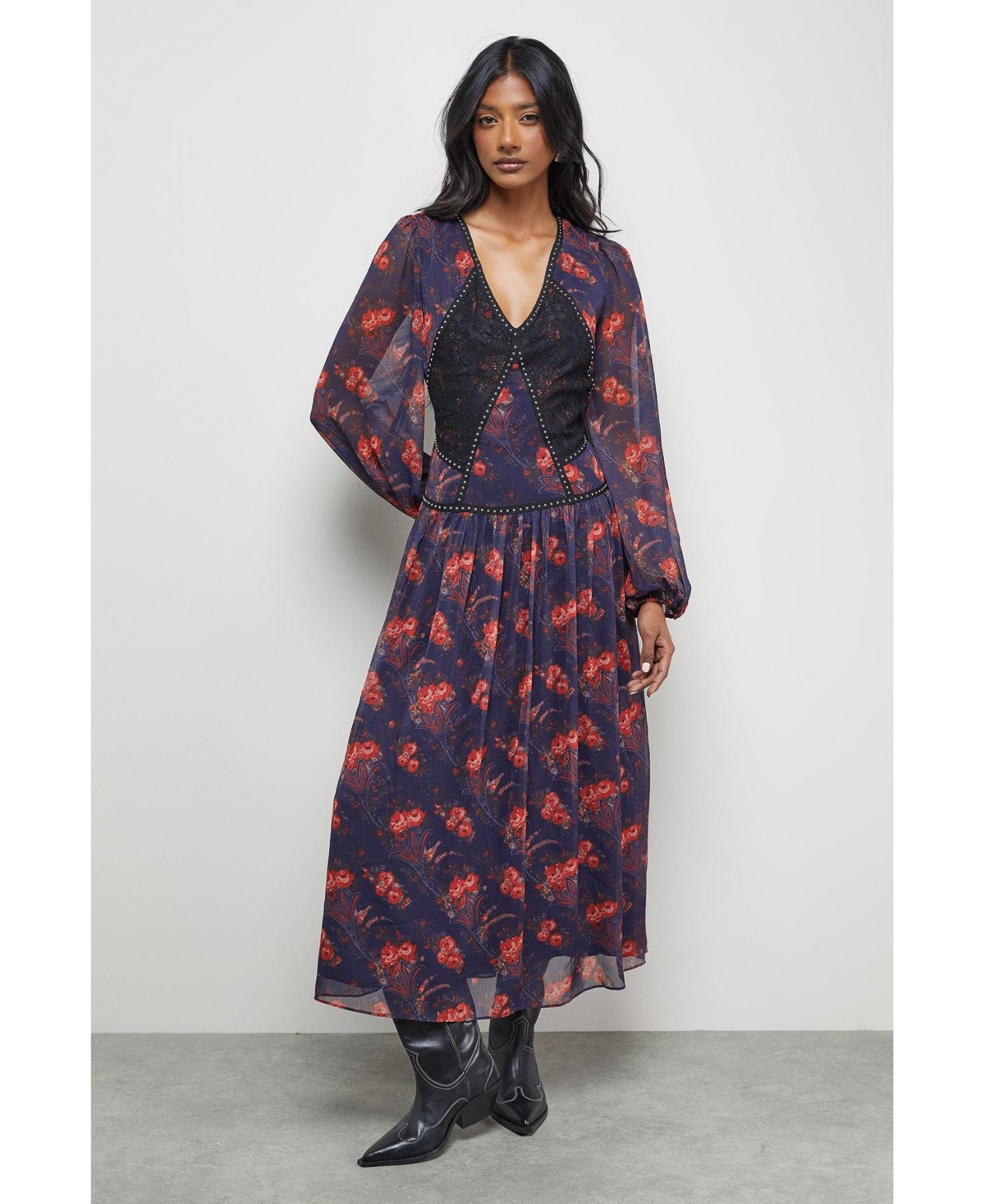 Warehouse Women's Plunge Neck Pleated Maxi Dress