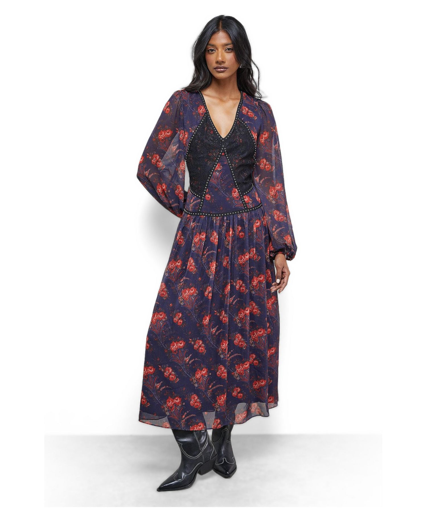 Women's Plunge Neck Pleated Maxi Dress