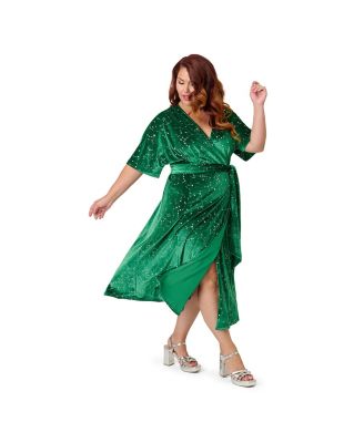Plus Size Velvet Tie Wrap Surplice Midi Dress