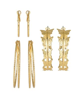 3-Piece Gold-Tone Hoop Earring Set with Butterfly Details