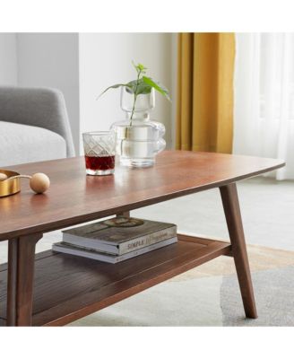 CASAINC Solid Oak Wood Coffee Table with Storage Shelf, Walnut Finish