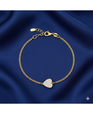 Horizontal  Heart Pave CZ  Yellow Silver Curb Chain Bracelet 7 inches