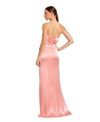 Women's Strapless Satin Gown with Floral 3D Accent