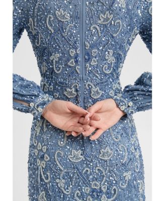 Women's Modest Embellished Sequin Beaded Dress Maxi With Cuff Sleeves
