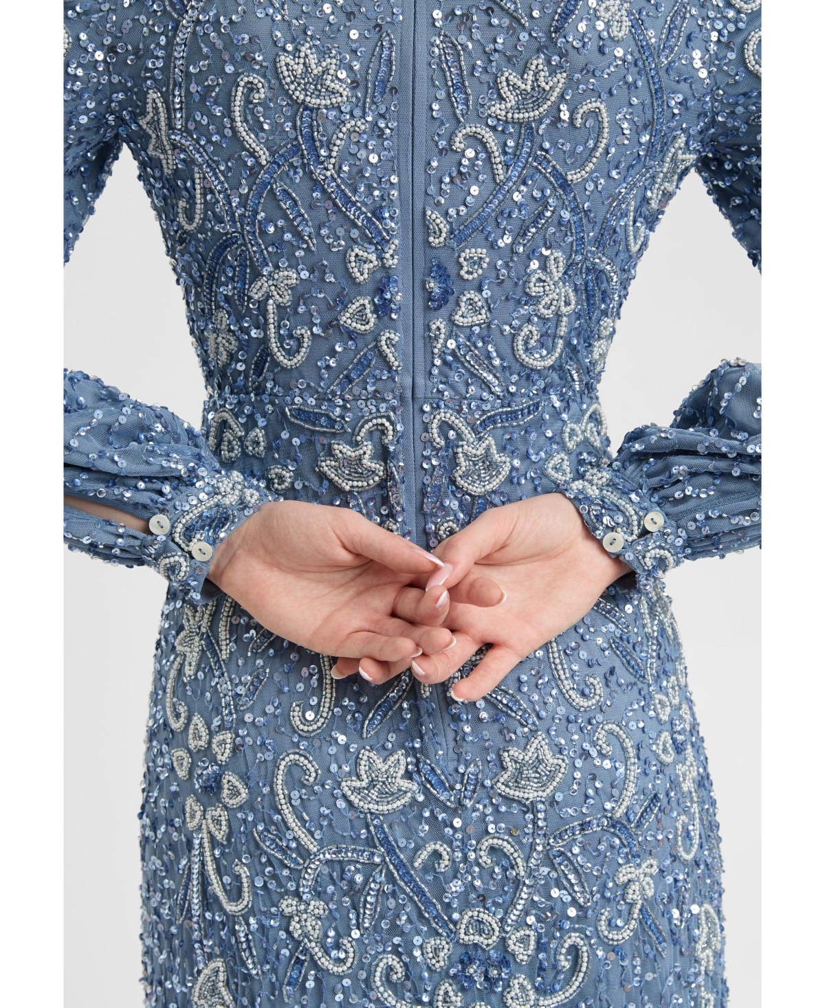 Maryisa Women's Modest Embellished Sequin Beaded Dress Maxi With Cuff Sleeves