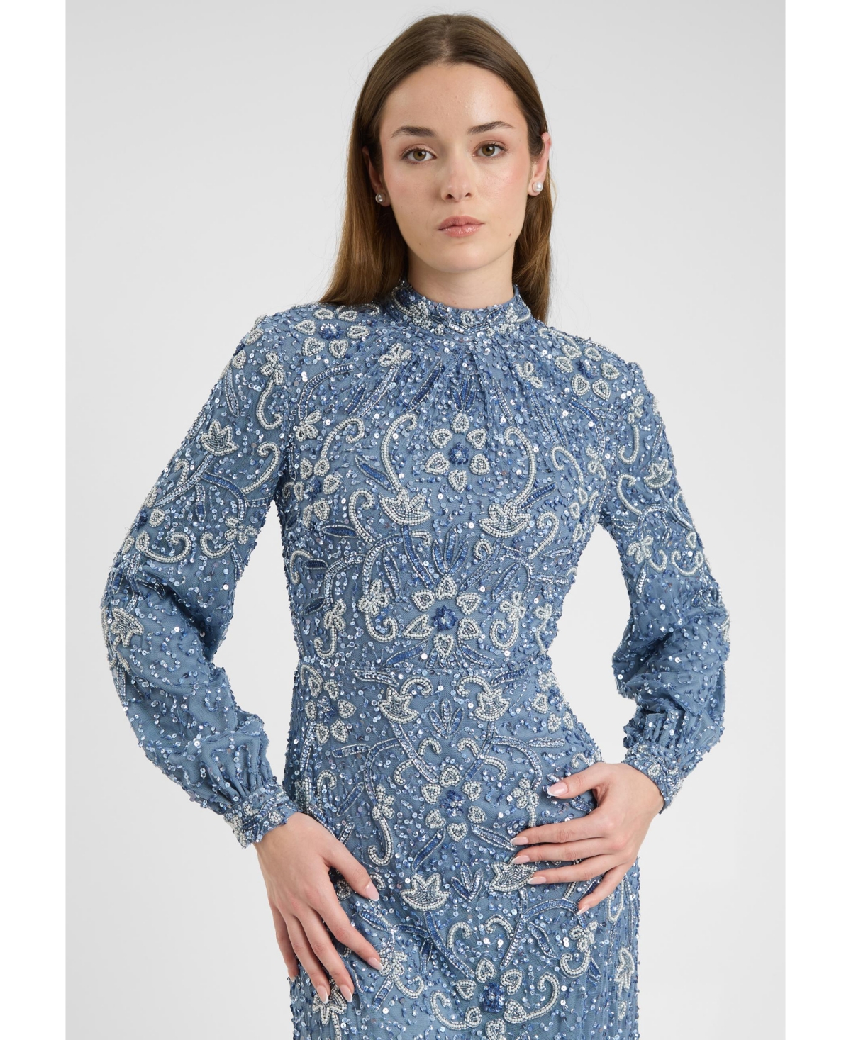 Maryisa Women's Modest Embellished Sequin Beaded Dress Maxi With Cuff Sleeves