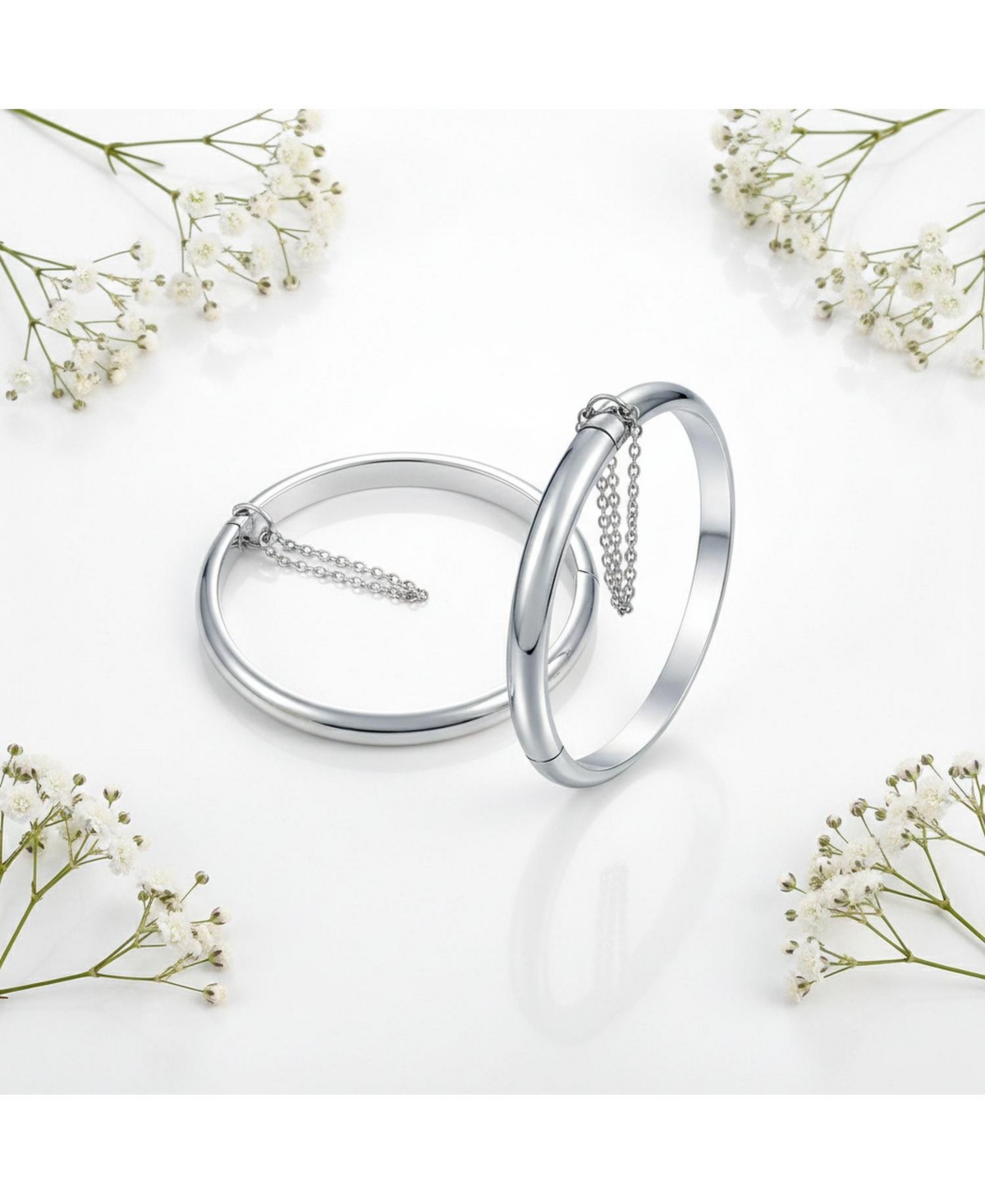 Bling Jewelry Set of 2 Small Simple Stackable Dome Cuff Bangle Bracelet with Safety Chain Sterling Silver 5 Inch