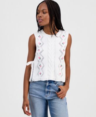 Juniors' Embroidered Floral Side-Tie Sleeveless Sweater