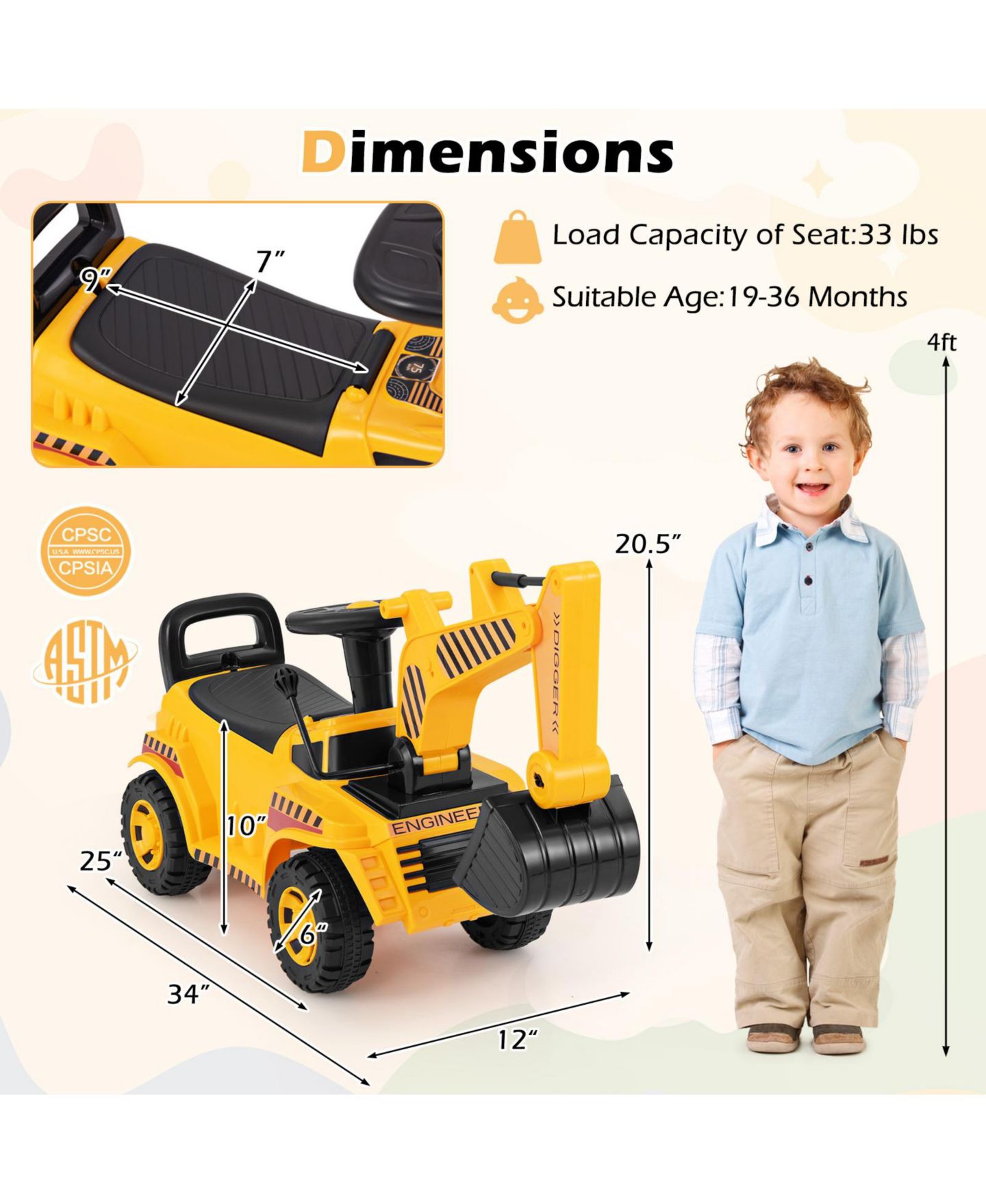 Детская игрушка HONGGE Kids Ride-On Excavator Toy with Adjustable Shovel and Foot-Pedal Control, Ages 1.5+, цвет: Жёлтый чёрный — фото 4