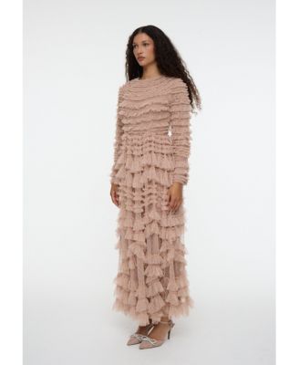 Women's Maxi With Self Print Modest Ruffle Dress