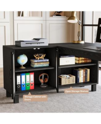 59" Executive L Shaped Desk with File Cabinet, Farmhouse Wood Computer Coner Desk with Storage Shelves